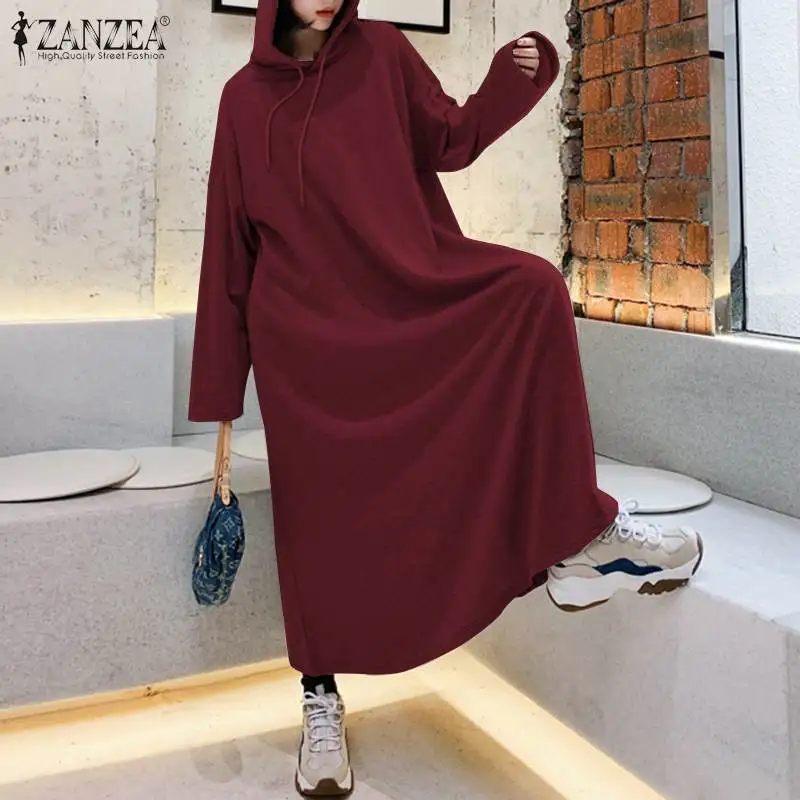 Stylish Hooded Hoodies Dress Women Autumn Sweatshirts 2023 ZANZEA Casual Long Sleeve Maxi Vestidos Female Solid Robe Oversized