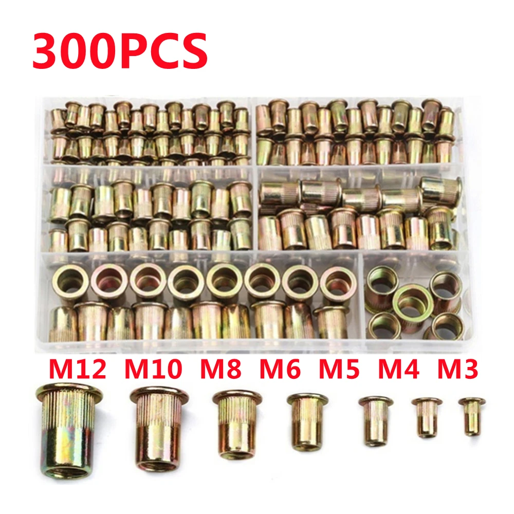 

300pcs Carbon Steel Rivet Nuts M3 M4 M5 M6 M8 M10 M12 Kit Zinc Plated Flat Head Threaded Insert Rivet Nuts Set Hardware Parts