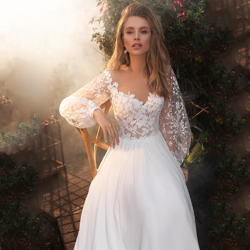 Simple Long Sleeves Wedding Dresses V-Neck Sweep Train Sexy Lace A-Line Boho Beach Bride Dress Robe De Mariee свадебное платье