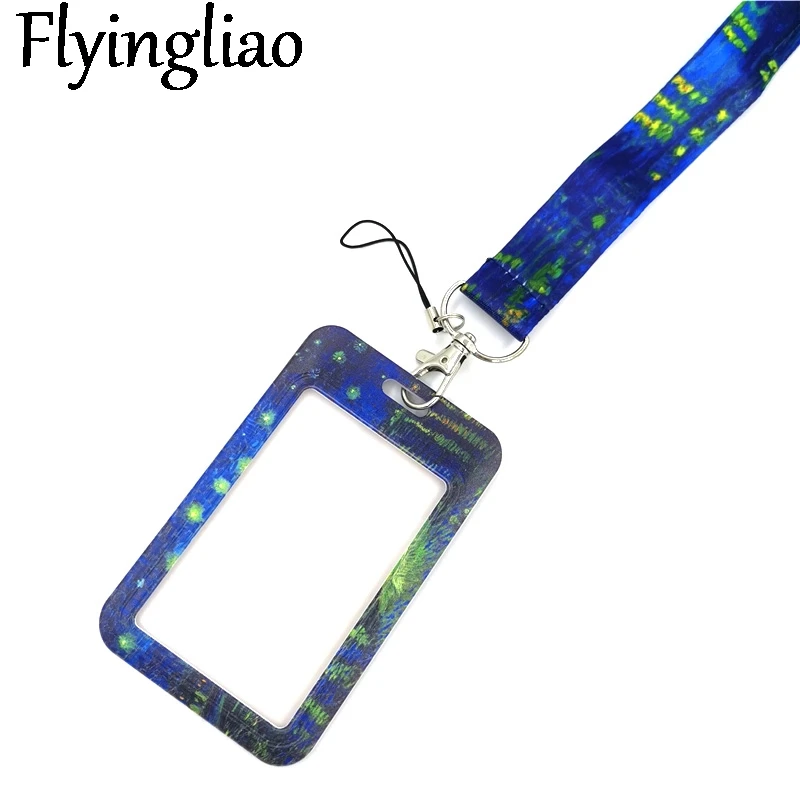 Lukisan Minyak Van Gogh Starry Sky Art Lanyard ID Tali Ponsel Gantungan Kunci Tali Leher Aksesori Pita Jaring