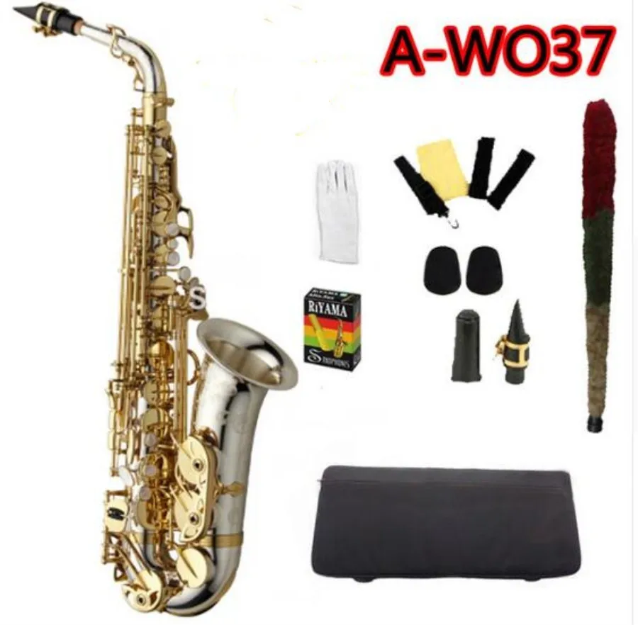 

Brand New A-WO37 Alto Saxophone Silver Plated Gold Key Professional Sax With Mouthpiece Case and Accessories Free Shipping