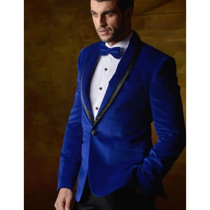 

Royal Blue Velvet Jacket Groomsmen Shawl Lapel Groom Tuxedos New Style Mens Suits Wedding Best Man (Jacket+Pants)