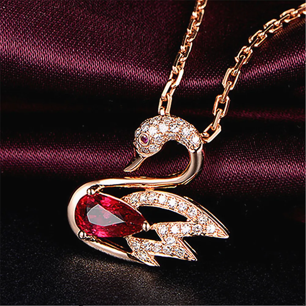 Classical rose gold swan red crystal ruby gemstones diamonds pendant necklaces for women jewelry choker bijoux gift accessories