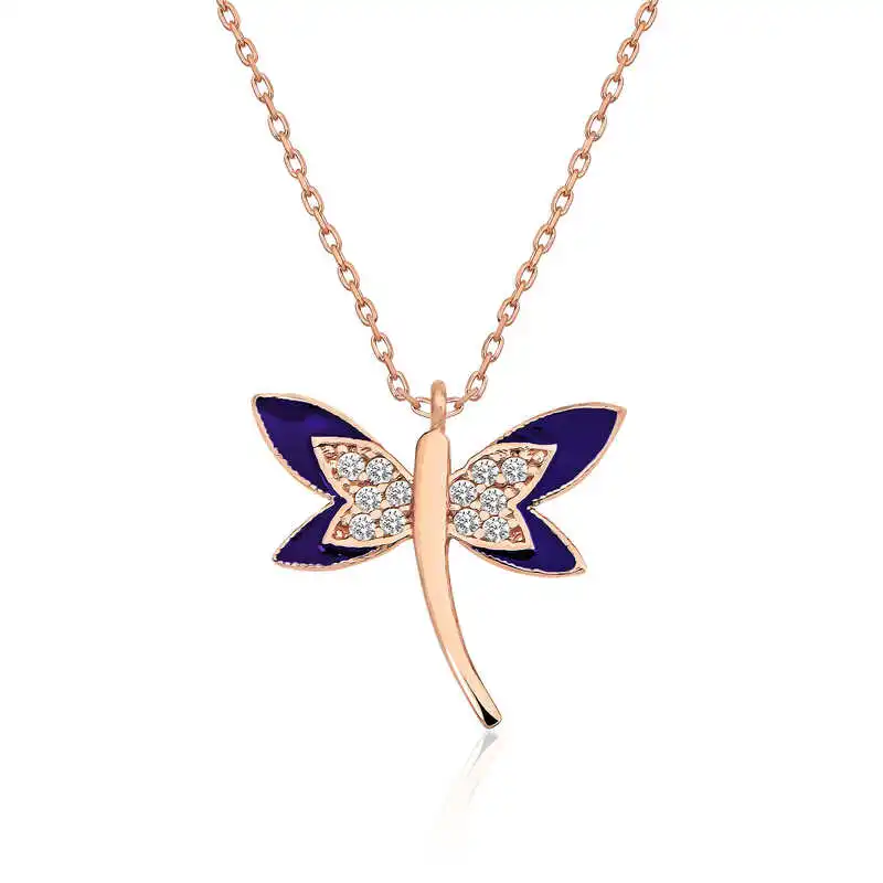 Silver Navy Blue Dragonfly Women Necklace Zircon Stone 925 Sterling Women Fine Jewelry Wedding Party Birthday Gift - Jeweled - Box - Pendant - Chain Choker - Female - Ladies - Fashion