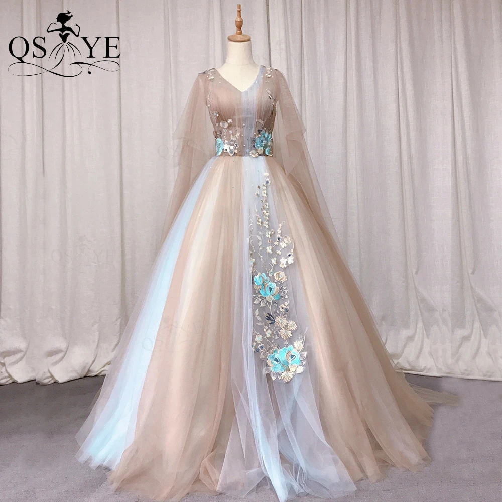 

Puffy Ball Gown Prom Dresses Long Shawl Champagne Evening Dress V Neck Embroidery Lace Tulle Prom Party Gown Lace up Back Dress