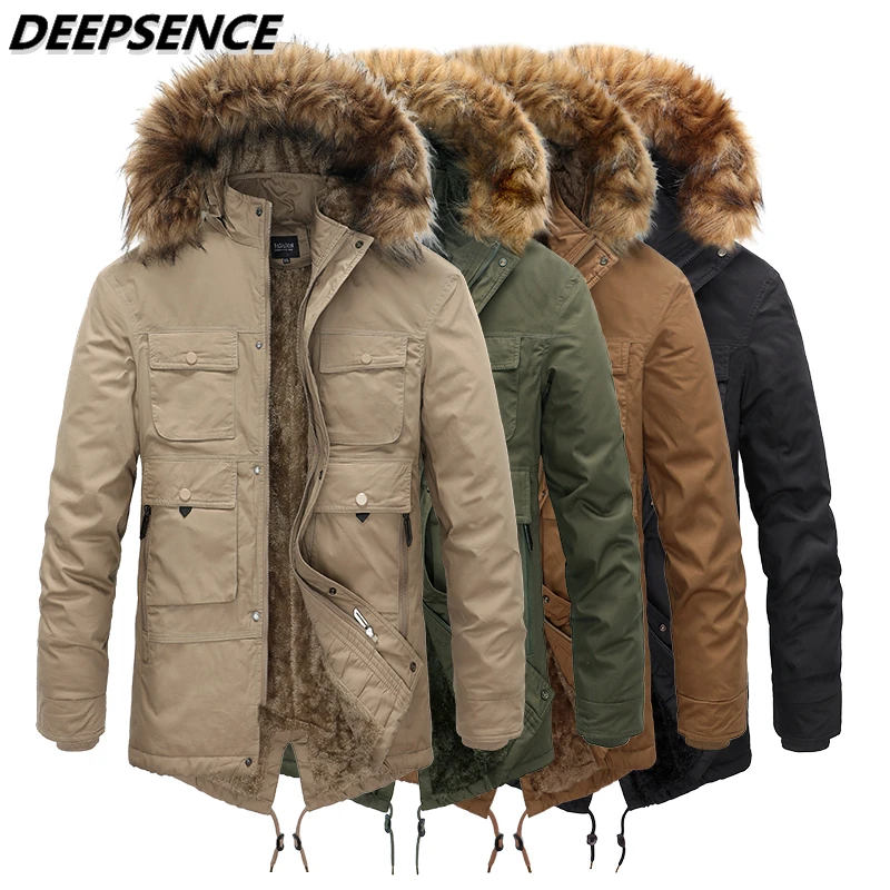 Manteaux d'hiver en polaire et coton pour hommes, parka à capuche, col en fourrure détachable, vêtements chauds et décontractés pour l'extérieur