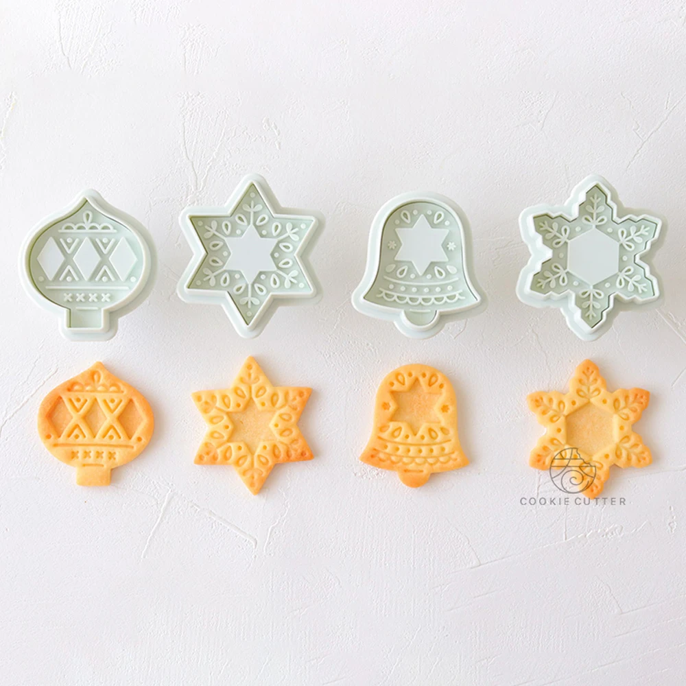 4Pcs/Set Christmas Sandwich Biscuit Mold Pendant Bead Bell Shape Pattern Snowflake Mold Xmas Decoration Baking Tool Icing Cookie