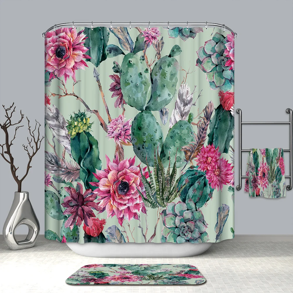 3D Cactus Flower Shower Curtains Tropical Plants and Parrot Waterproof Mildew Proof Thickened Bath Curtains for Bathroom