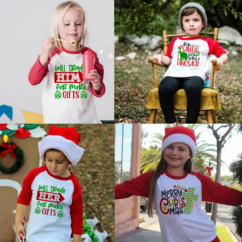 

Dear Santa Just Bring A Dinosaur Christmas Tee He/she Did It Tshirts Will Trade Brother/sister for More Gifts Raglan T-shirts