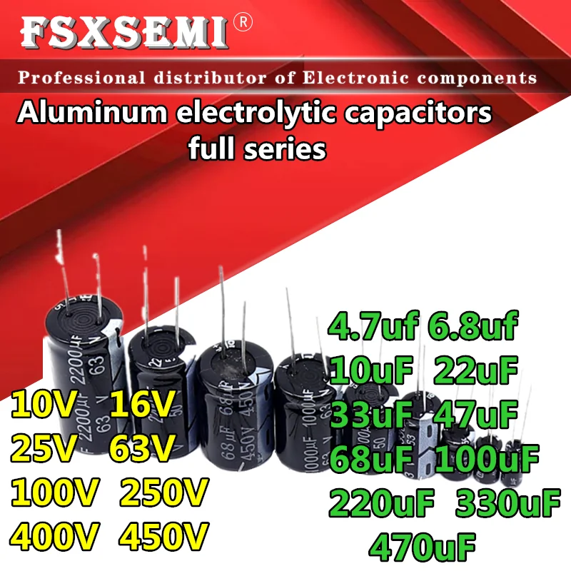 

20pcs 10V 16V 25V 63V 100V 250V 400V 450V electrolytic capacitor 4.7uF 6.8uF 10uF 22uF 33uF 47uF 68uF 100uF 220uF 330uF 470uF