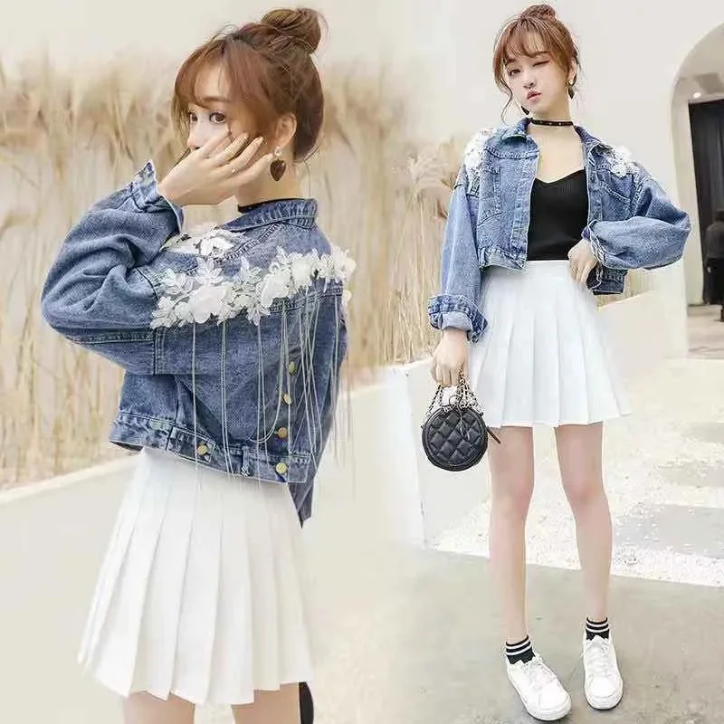 Denim Jacket Women Spring Autumn Korean Three-Dimensional Flower Embroidery Chain Tassel Loose Bat Sleeve Jeans  Jackets Short F