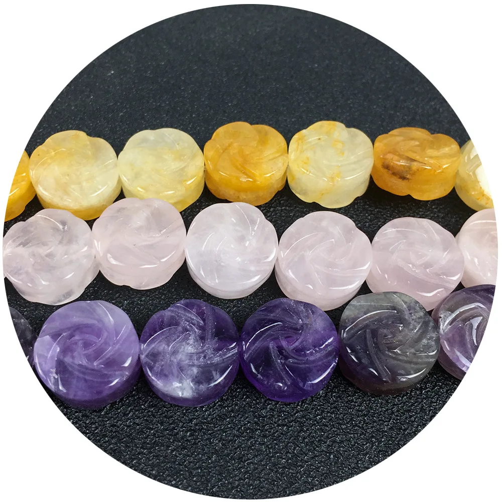 2 PCs Natural Crystal Rose Quartz Amethyst Jewelry Semi-precious Stone Loose Beads 6*14mm Double-sided Carved Rose Flower Shape