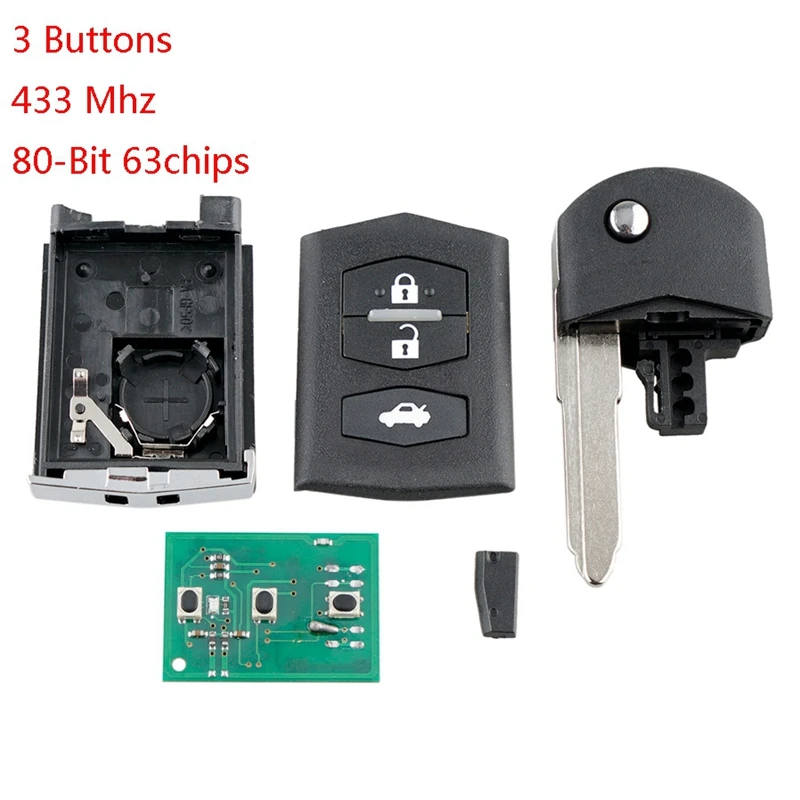 Car Smart Remote Key 3 Buttons 80-Bit 63 Chip Car Key Fob Fit for MAZDA 2 3 5 6 RX8 MX5 433Mhz