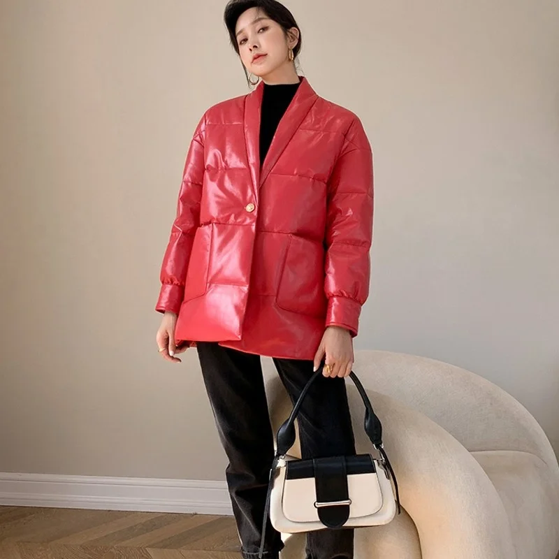 Leather Genuine White Goose Down Jacket Casual Sheepskin Coat Womens Red Short Single Button Pockets Warm Streetwear Jackets