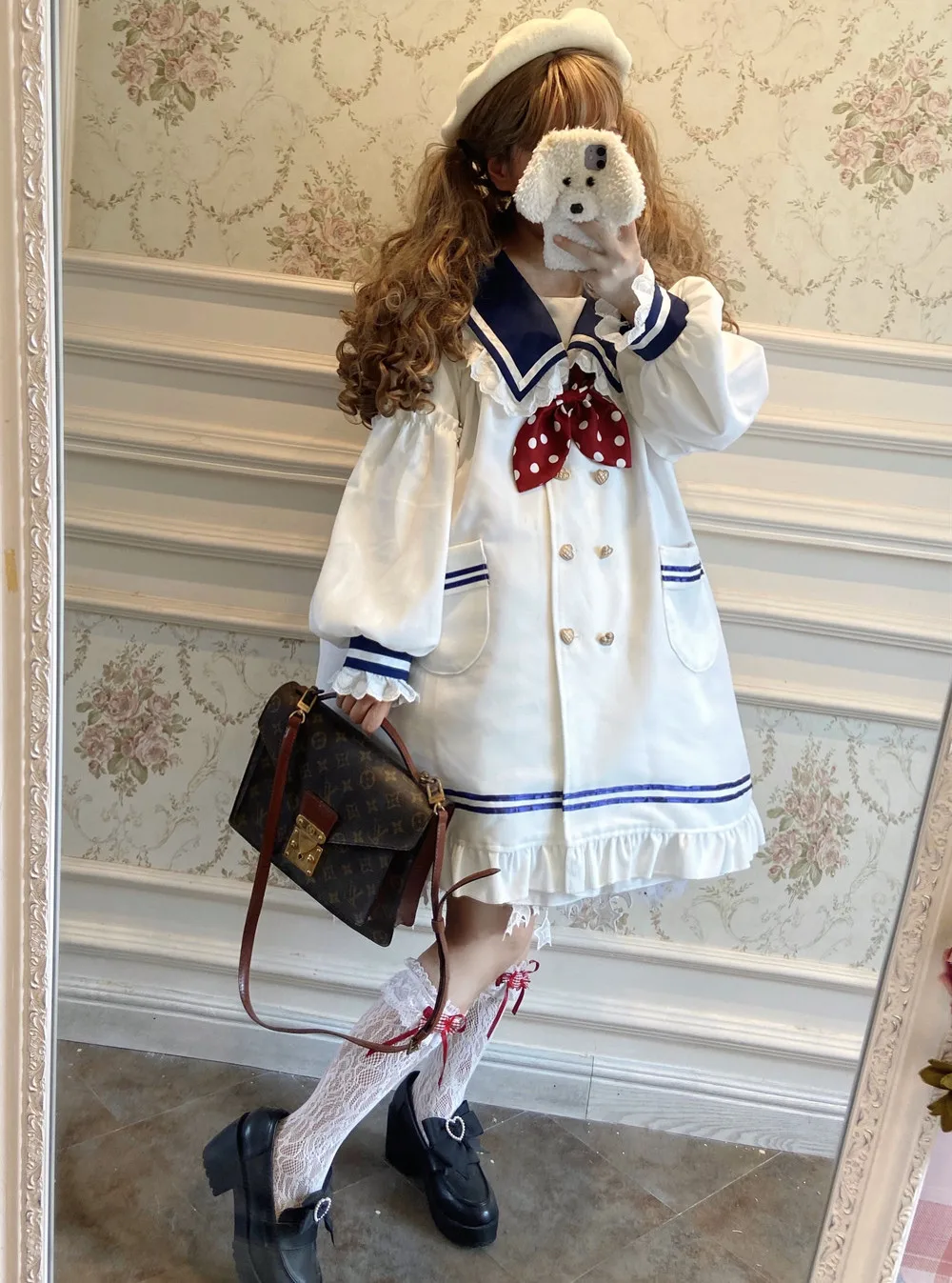 Lolita Sweet Girl  Winter British Style Navy Collar Japanese Jk Uniform Student Daily Cute Bowknot Coat Cosplay Cos Lolita Loli