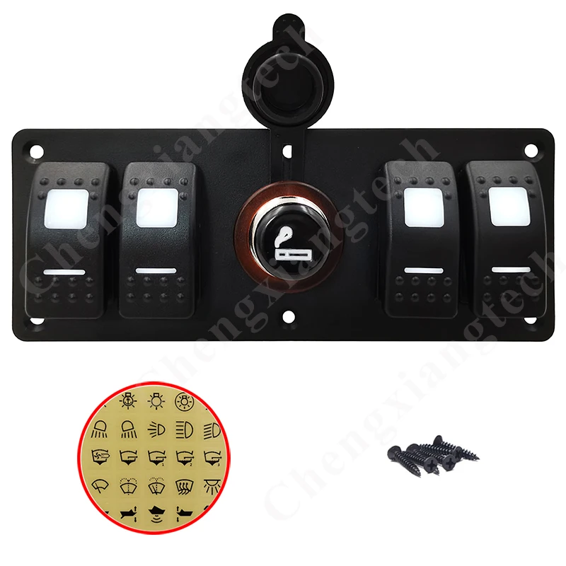 12v 24v 4 Gang White Led Rocker Toggle Switch Panel With Cigarette Lighter Plug Socket Waterproof for Car Marine Ship