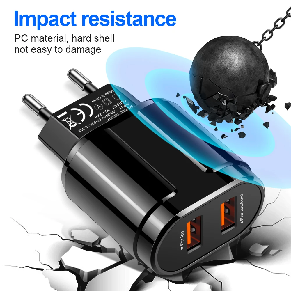 OLAF USB Charger Dual Ports EU 5V 2.4A Travel Wall Adapter Mobile Phone Micro Data Charging For iphone Samsung Xiaomi Huawei LG