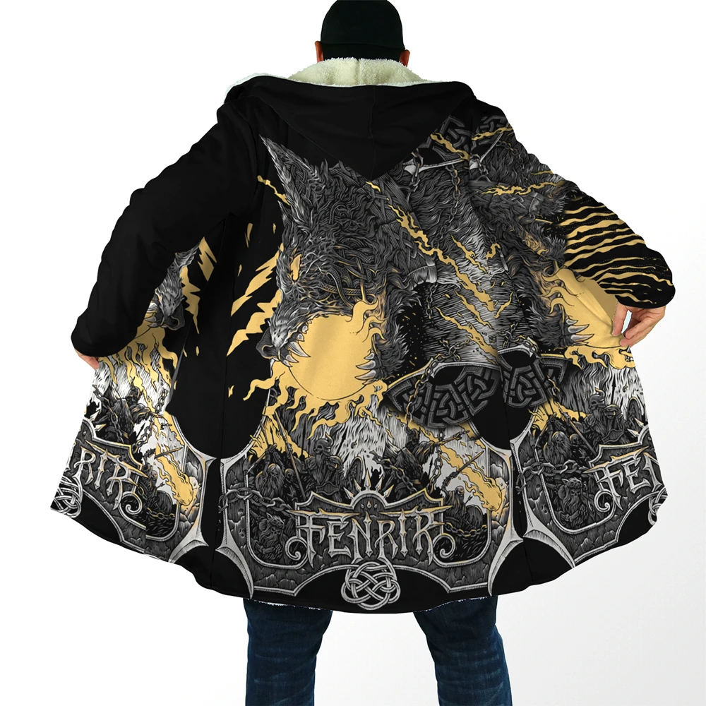 

New Fashion Mens Hooded Cloak Fenrir Pattern 3D Print Fleece Coat Winter Thick Warm Cape Style - 9NF11