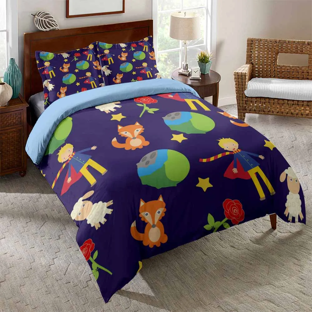 Kids Cartoon Bedding Set Little Prince 3d Printing Duvet Cover Child Fairy Tale Fox Rose Planet Quilt Cover Blue Bed Set Gifts