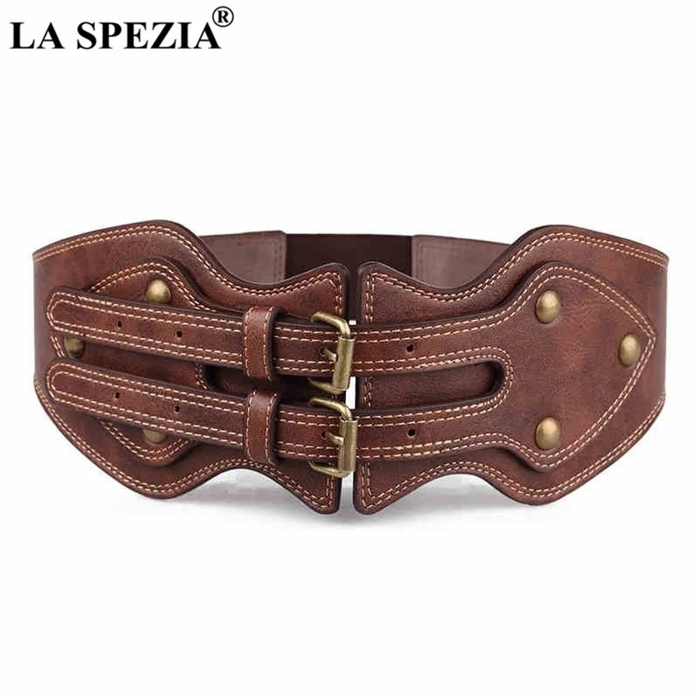 Womens Wide Waist Belt Leather Punk Rivet Female Belts Cummerbunds Brown Ladies Elastic Corset