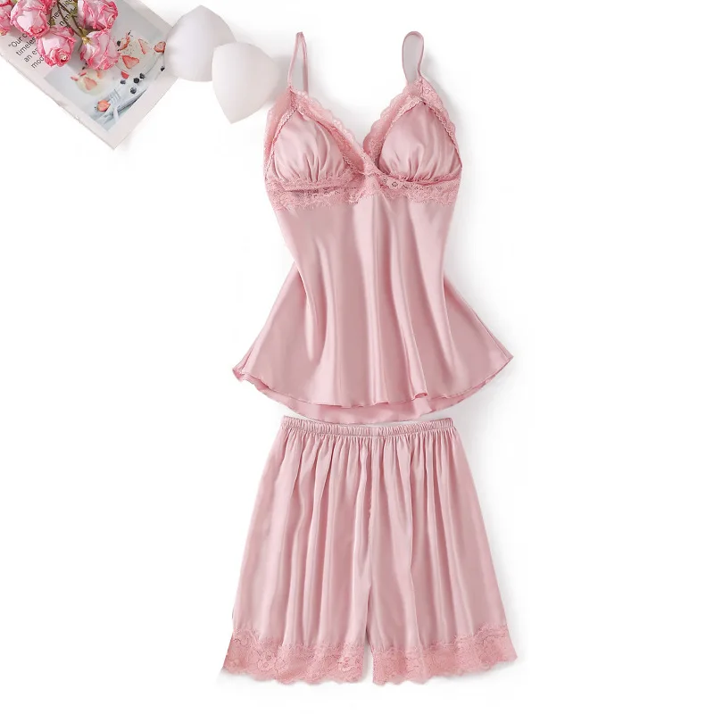 

Pink Lace Strap Top&Shorts Women V-neck Pajamas Set Summer Nightwear Satin Sleep Set Femme Pijamas Suit Casual 2PCS Sleepwear