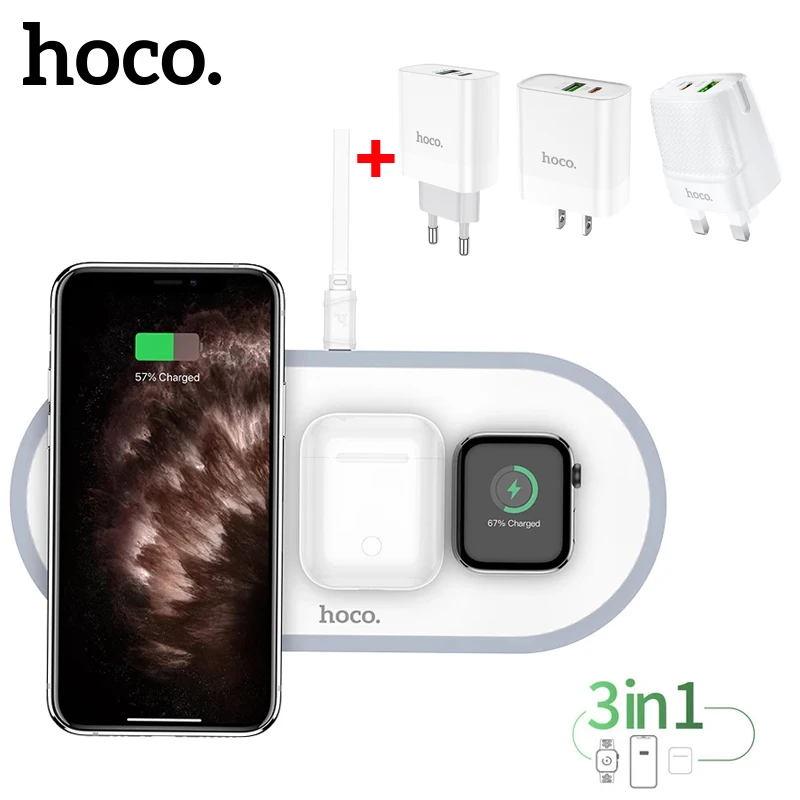 

Hoco 3 in 1 Qi Wireless Charging Pad Fast Charging For iPhone 12 iWatch 6 5 4 3 2 EU/US/UK Adapter For Airpods iPhone 11 XS Max