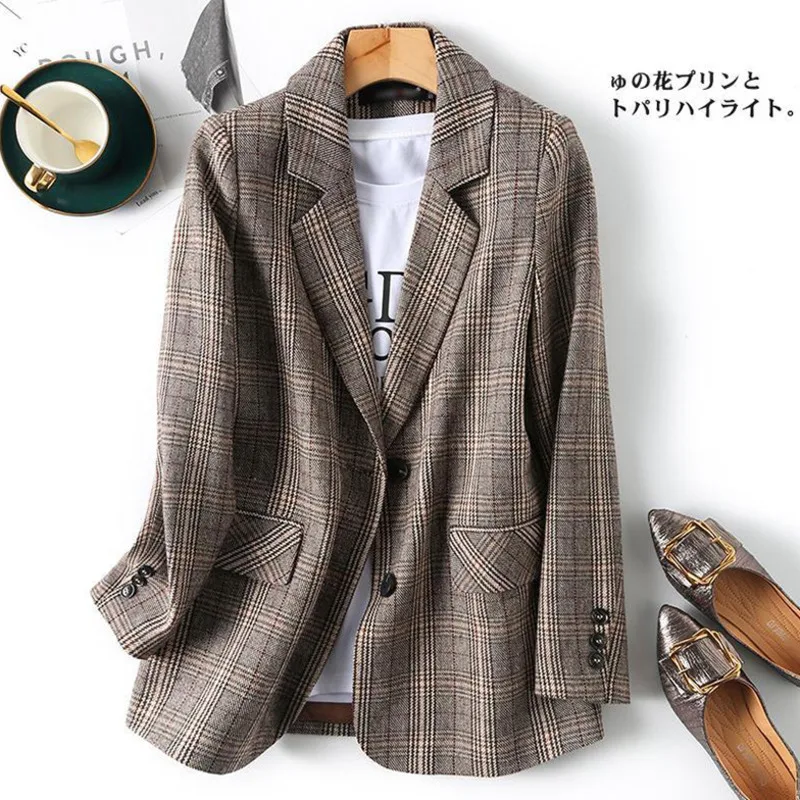 PEONFLY Vintage Single Breasted Office Ladies Plaid Blazer Long Sleeve Loose Plaid Coat Jacket Women Blazers Female 2022