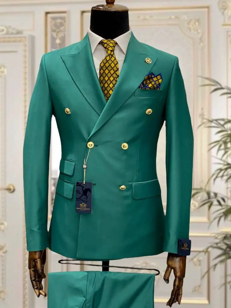 

Green Tailor Made Double Breasted Slim Fit Men Suits Wedding Tuxedos Groom Business Party Prom Best Men Blazer Costume Homme