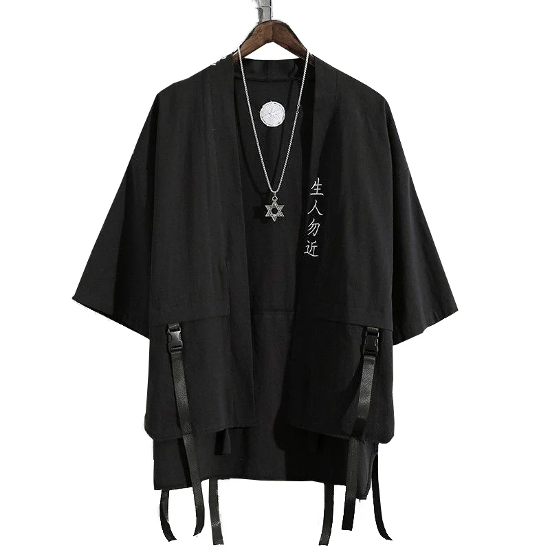 Men\'s Black Haori Cardigan Kimono Short Sleeve Shirt Samurai Japanese Style Loose Yukata Shirts Streetwear Casual Thin Tops