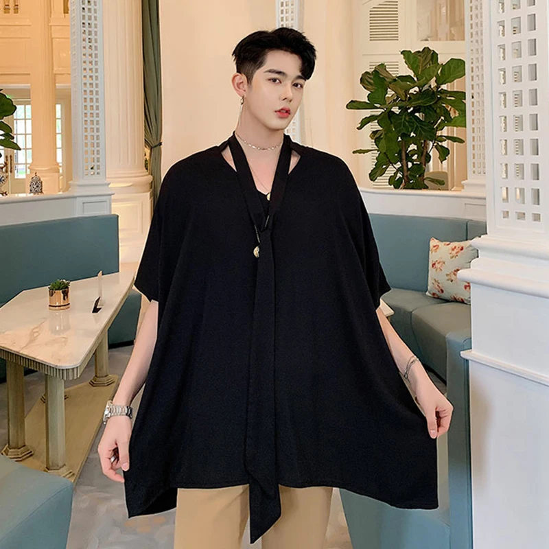 Summer lazy shirt fashion design loose detachable tie short sleeve 5 / 4 Sleeve Shirt Men's Pullover