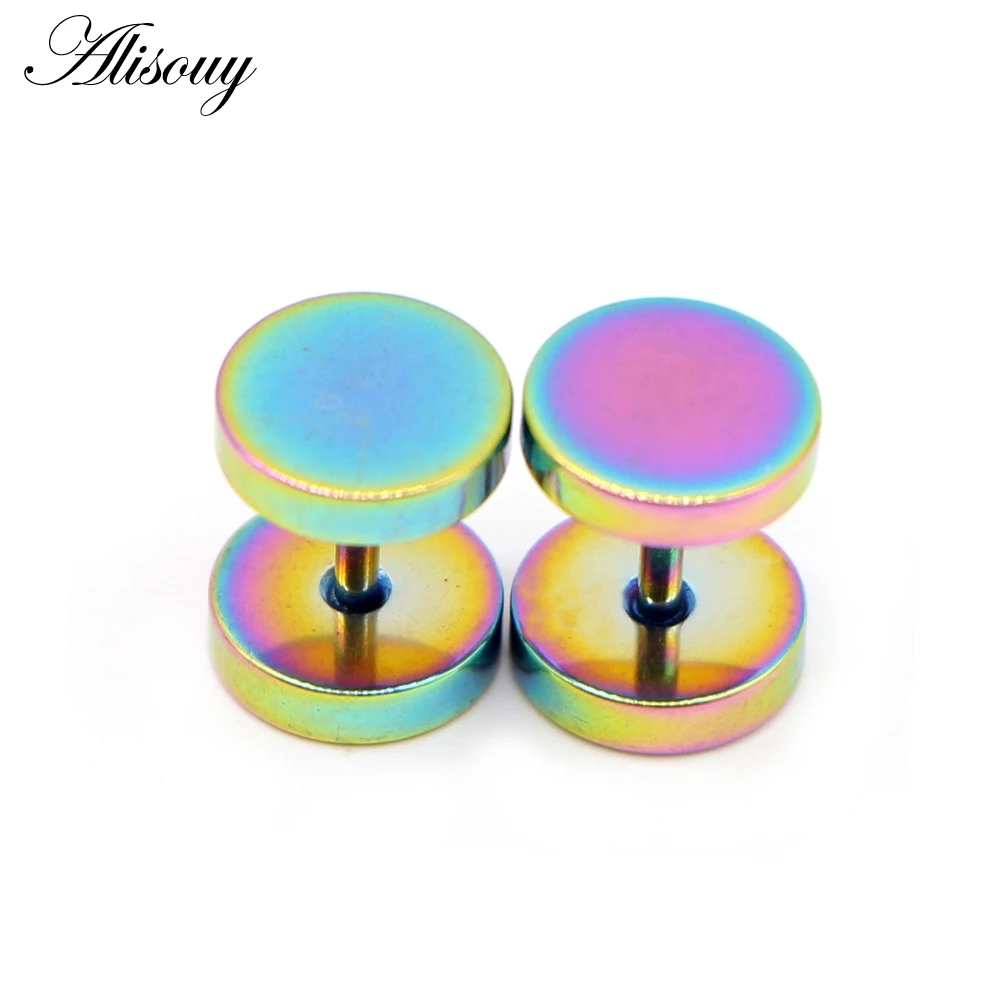 Alisouy 2pcs Gothic Stainless Steel Barbell Round Stud Earrings For Women Men Dumbbell Pierceing Earrings Punk Fashion Jewelry