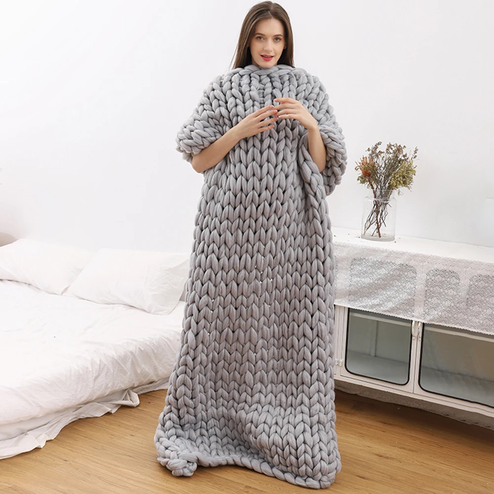 6cm Fashion Hand Wool Knitted Blanket Thick Yarn Merino Wool Bulky Knitting Throw Blankets Knit Blanket