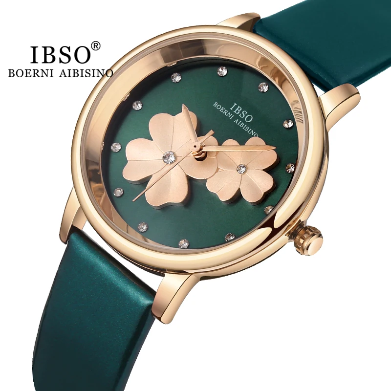 IBSO Clover 3D Luxury Green Women's Watches Rhinestone Dial Stainless Steel/Leather Strap Flower Geneva WristWatch Ladies Gifts