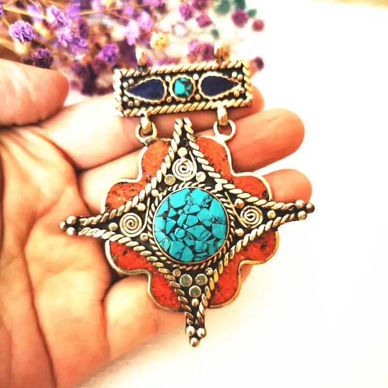 TBP404 Nepal Indian Pendant Copper Inlaid Colorful Stone Vintage Jewelry Big Pendants for Girl