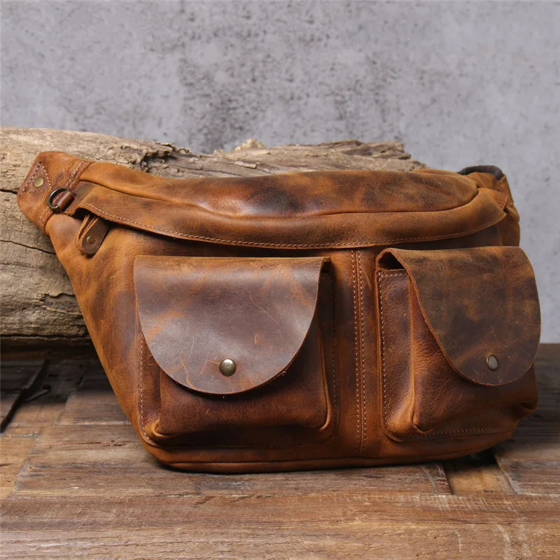 PNDME-Bolso de pecho de cuero genuino de gran capacidad para hombre, bolsa de cintura de cuero de vaca de Caballo Loco retro, bolsos de mensajero de