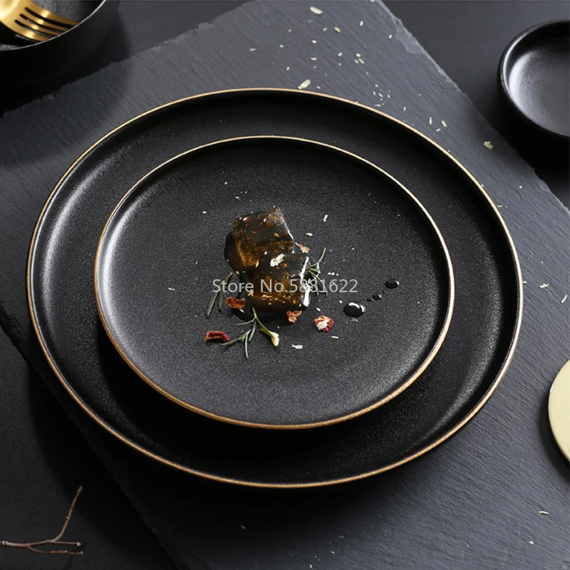 Tableware Ceramic Dinner Plate Set Dish 8/10 Inch Porcelain Cute Dessert Plate Dinnerware Black Frosted Steak Plate