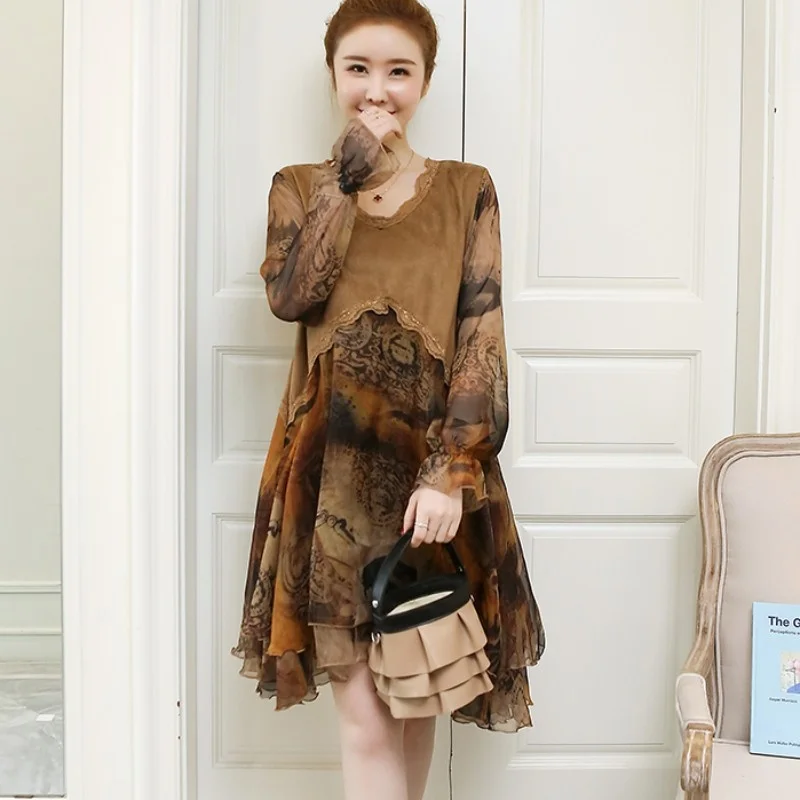 Women Vintage Loose Fit Lace Patchwork Floral Printed Dress Long Sleeve Ruffles Dresses V Neck Folk Casual Ladies Dress