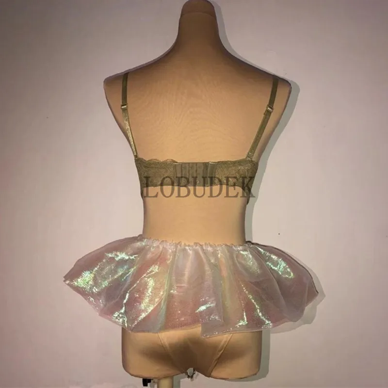 섹시 나이트클럽 DJ 폴댄스 비키니 의상 실버 라인스톤 체인 브라 쇼츠 스커트 레이브 의상 페스티벌 의류