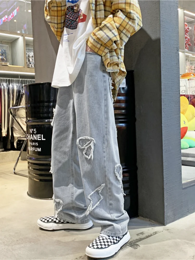 ICCLEK Hip-hop Jeans Men's Fall Loose Straight-leg Pants High Street Trousers Punk Pants  Men Jeans  Men Jeans Pants