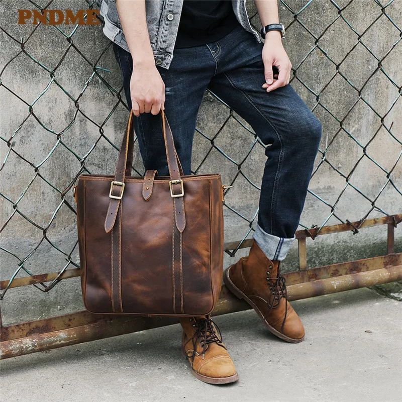 PNDME vintage large-capacity crazy horse cowhide men\'s tote bag natural genuine leather work handbag shoulder messenger bags