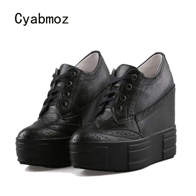 Cyabmoz Women Genuine leather height increasing Shoes High heels Carving Party Shoes Woman Pumps Zapatos mujer Tenis feminino