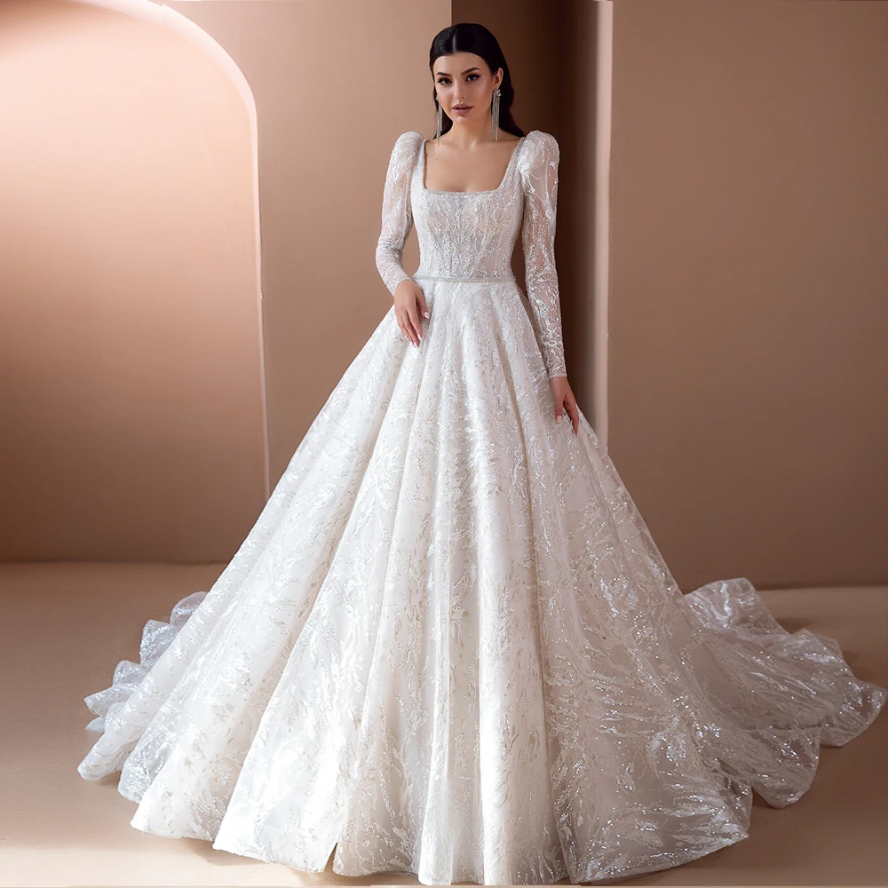 Vestido De Noiva Long Sleeve Ball Gown Wedding Dress Beading Belt Robes De Mariage Luxury Trouwjurk Illusion Back Suknia Slubna