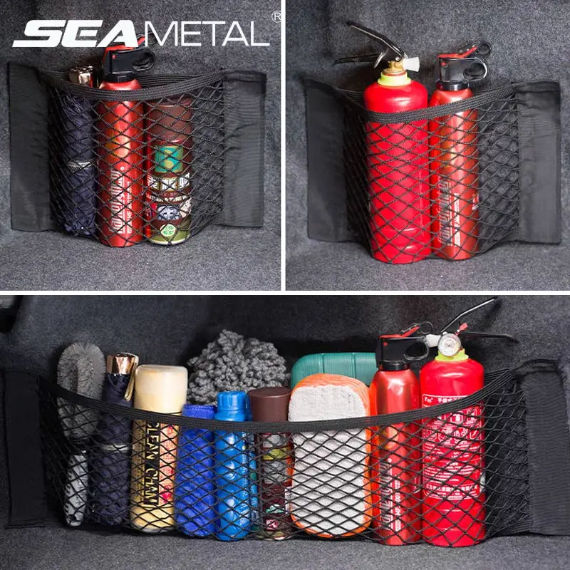 Bolsa organizadora de almacenamiento para maletero de coche, malla de 40/50/60/80x25CM para maletero, soporte para equipaje, pegatina de bolsillo, organizador automático de nailon en el maletero