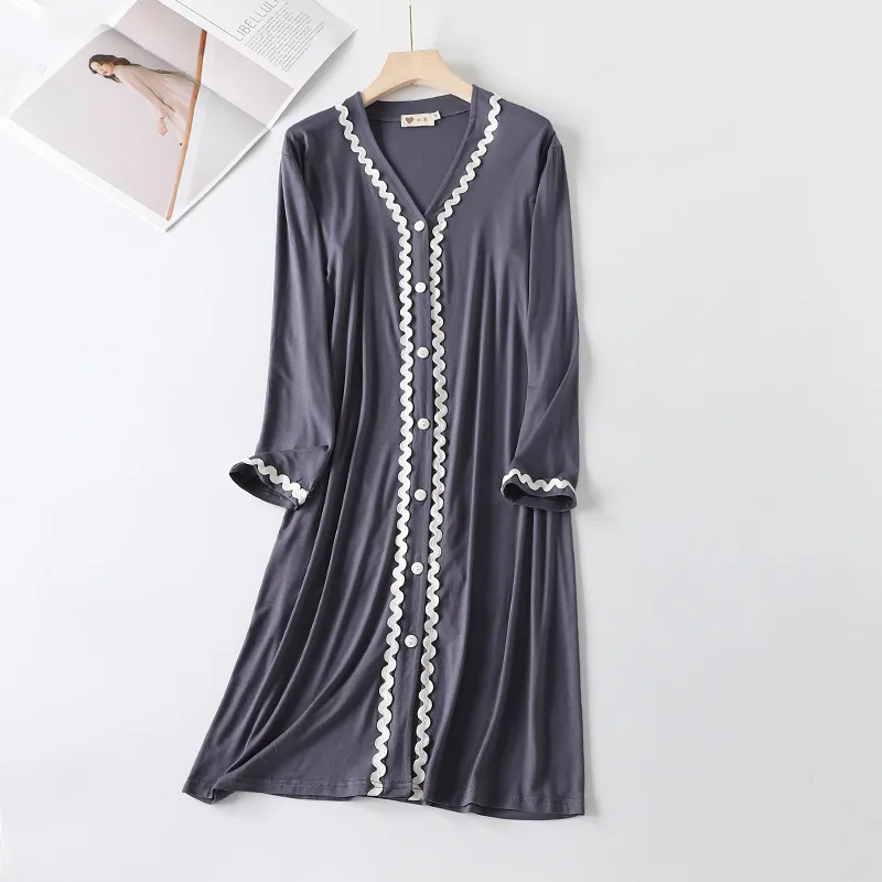 Spring Autumn Modal Nightdress Cardigan Lace Long Sleeve Mid Length Dress Outer Wear Home Clothes Women\'s Nightwear Nightgowns