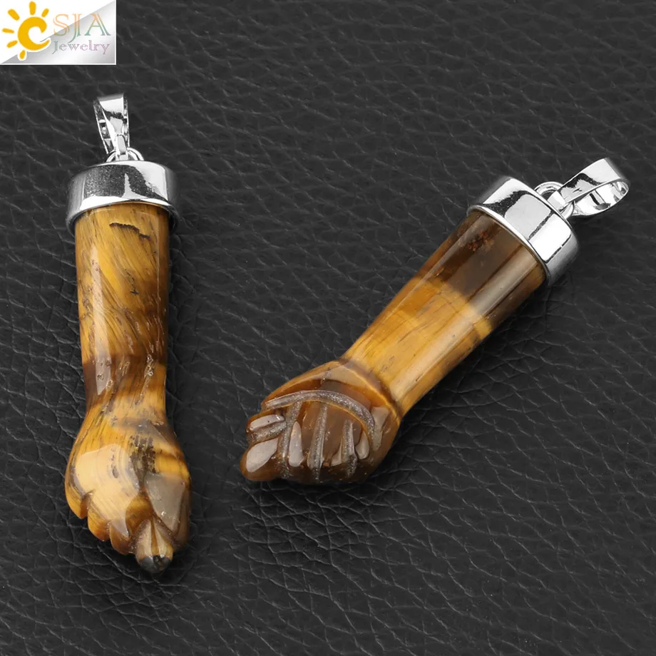 CSJA New Design Natural Stone Pendants Necklaces Carved Fist Arm Purple Crystal Quartz Tiger Eye Lapis Reiki Jewelry Women G291