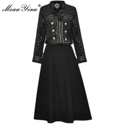 MoaaYina Fashion Designer Skirts Two Piece Set Women's Long sleeve Bow Beading winter Plaid Coat and Black Skirts Suit