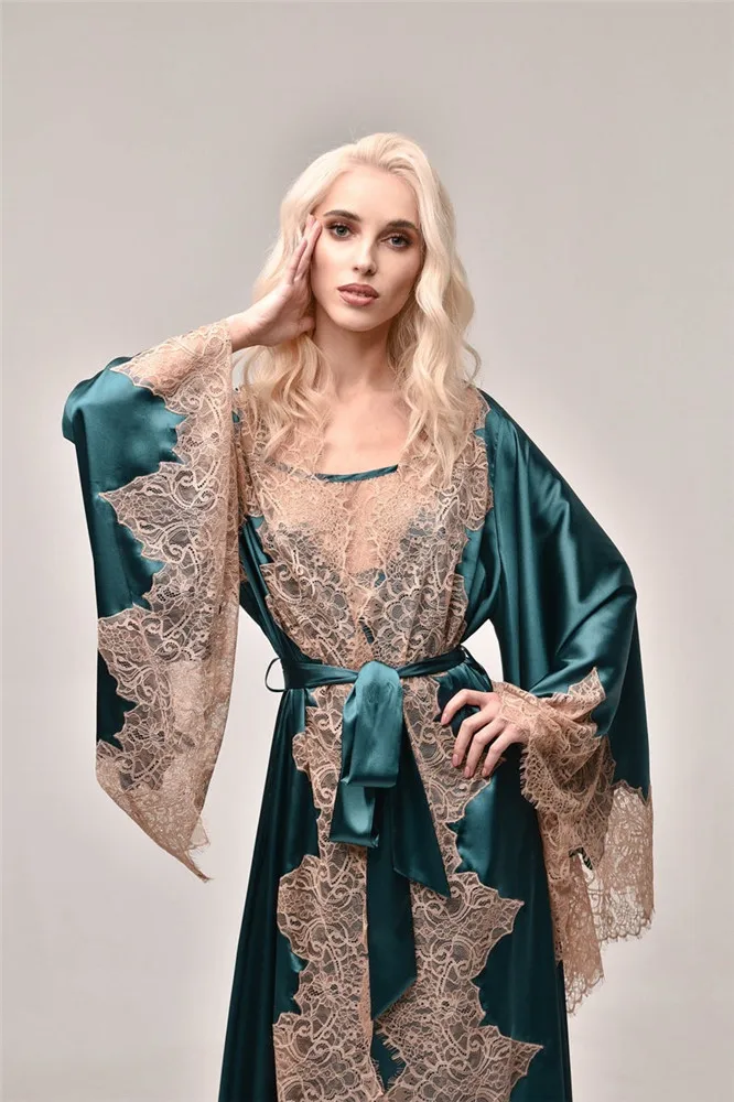 Lace & Satin Women Sleepwear Two Piece Floor Length Bathrobe Custom Made Long Sleeves Sleep Gowns