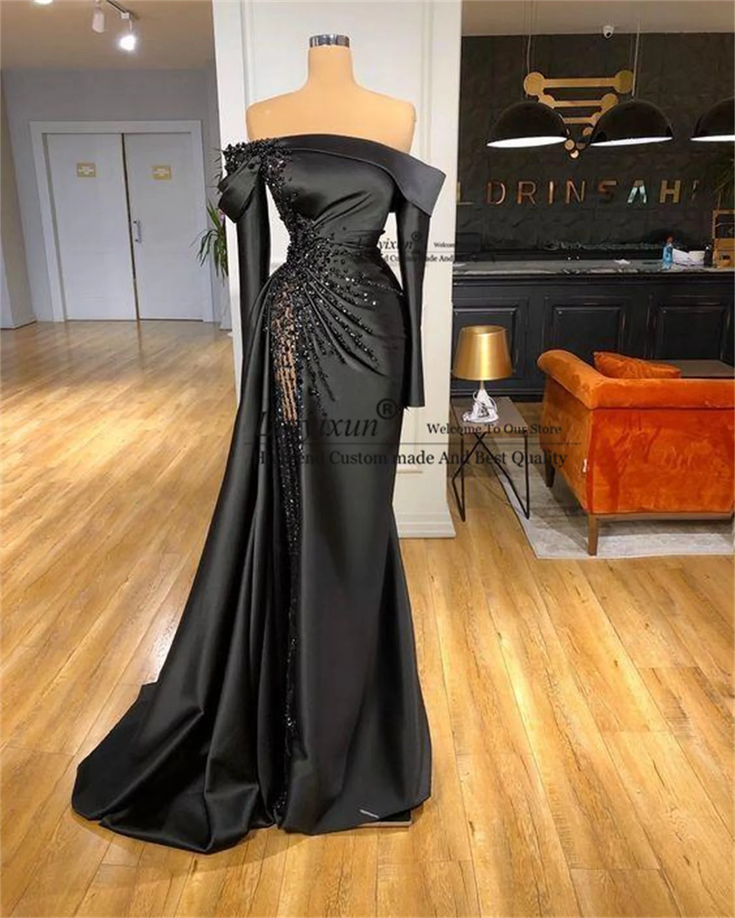 Luxury Black Evening Dresses Off The Shoulder Long Sleeve Beading Split Women Prom Pageant Gowns Plus Size Robes De Soirée