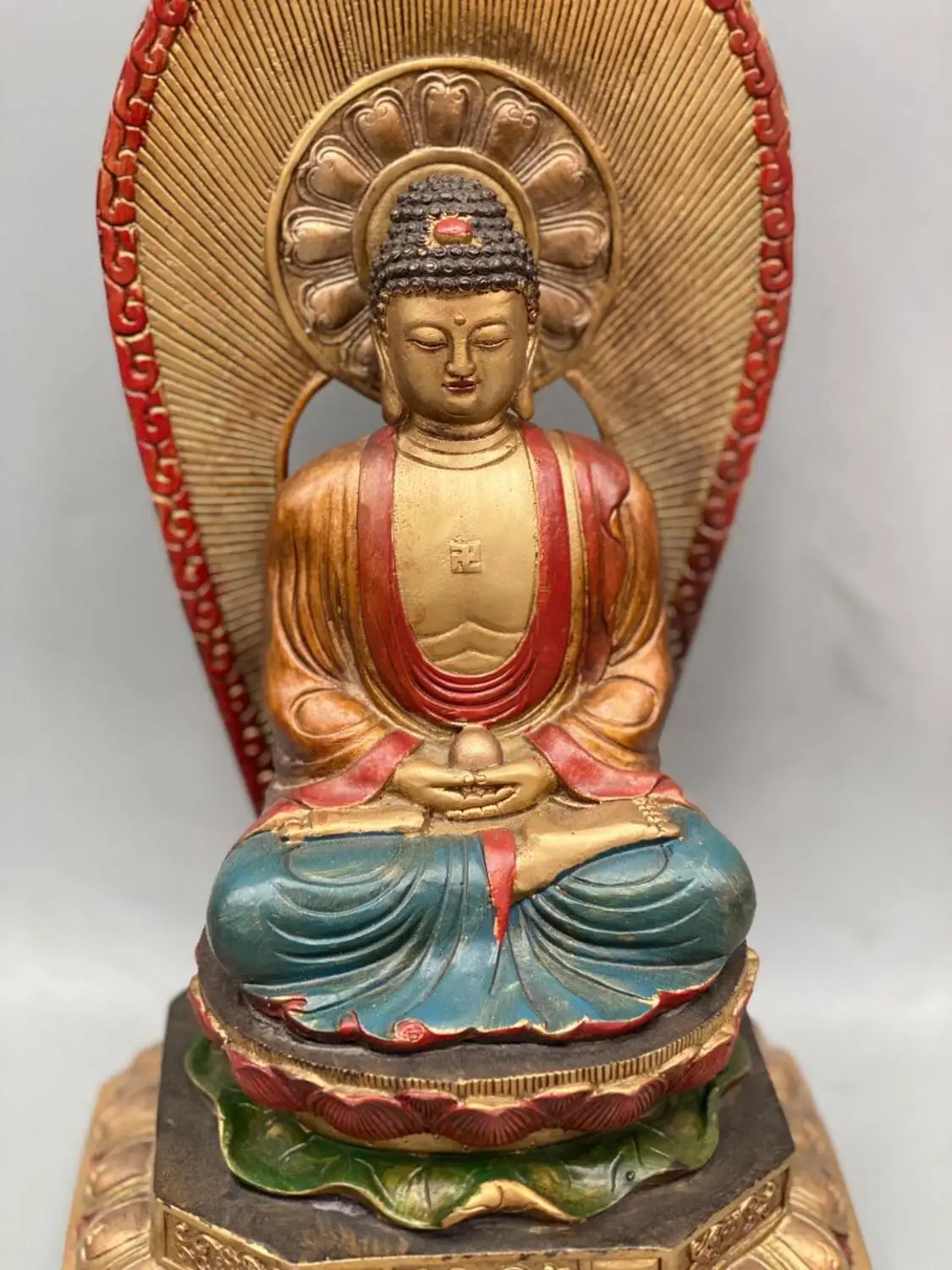 Fine Elegant Bronze Gilded And Painted Lotus Amitabha Buddha Big Day Tathagata Fo Guang Statue 34.5CM