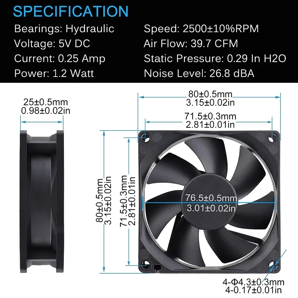 USB Fan 80x80x25mm DC 5V 80mm 8025 Brushless Computer Case Cooling Fan with Metal Grill